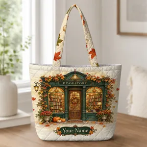 Autumn Bookshop Windows, Leaves And Pumpkins For Cozy Reading Season Gift For Librarians Quilted Tote Bag