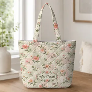 Pastel Cottagecore Floral Checker Squares for Garden Days and Everyday Spring Style Quilted Tote Bag