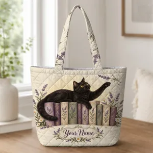 Black Cat Resting on Lavender Books for Cozy Reading Days, Gift for Book Lovers Quilted Tote Bag