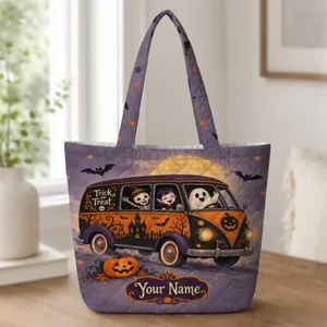 Haunted Halloween Van with Trick-or-Treaters for Spooky October Travel Gifts Quilted Tote Bag