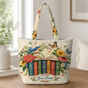 Colorful Bookshelf Flowers and Butterflies for Reading Days, Teachers and Book Lovers Quilted Tote Bag