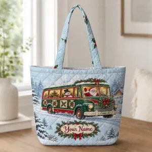 Christmas Santa Bus Holiday Travel Keepsake for Festive Winter Road Trips and Gifts Quilted Tote Bag