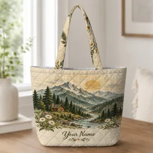 Mountain River Cabin Wilderness Scene For Hiking Trips And Nature Lover Getaways Quilted Tote Bag