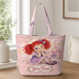 Red Yarn-Haired Rag Doll Circus Scene for Whimsical Travel and Everyday Adventures Quilted Tote Bag