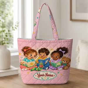 Storytime Children and Cheerful Caterpillar for Reading Days and Teacher Gifts Quilted Tote Bag