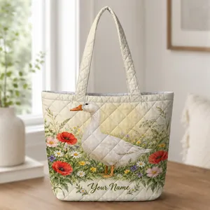 White Goose Among Meadow Wildflowers for Spring Gifts and Garden Loving Women Quilted Tote Bag