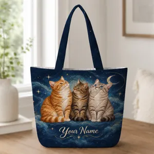 Three Starry Night Cats for Cozy Laundry Days and Cat Lover Gifts for Feline Friends Quilted Tote Bag