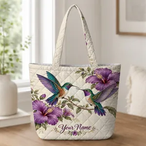 Hummingbird and Purple Hibiscus Garden for Nature Lovers and Springtime Gift Giving Quilted Tote Bag