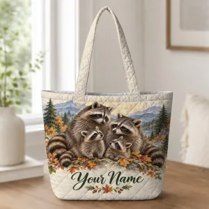 Autumn Raccoon Family in Mountain Woods for Cozy Woodland Laundry Days at Home Quilted Tote Bag
