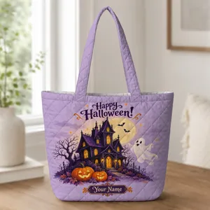 Haunted House, Ghosts and Pumpkins for Spooky Halloween Party Night Celebrations Quilted Tote Bag