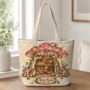 Pink Mushroom Cottage Fairy House for Cozy Woodland Cottagecore Gifting Quilted Tote Bag
