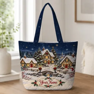 Christmas Winter Village With Snowman for Cozy Holiday Gifting and Seasonal Errands Quilted Tote Bag