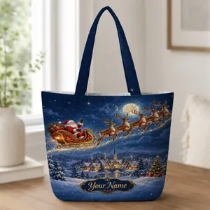Christmas Sleigh and Reindeer Under Starlit Sky for Magical Holiday Travel Getaways Quilted Tote Bag