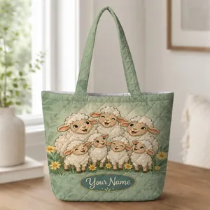 Happy Sheep Family Meadow Scene for Everyday Outings and Farm Loving Friends Quilted Tote Bag