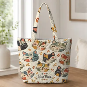 Colorful Patchwork Cat Faces for Cozy Everyday Errands and Thoughtful Gifts for Cat Lovers Quilted Tote Bag