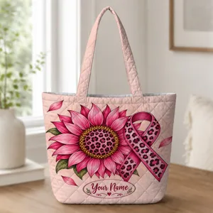 Pink Sunflower And Leopard Awareness Ribbon For Breast Cancer Support And Care Gifts Quilted Tote Bag