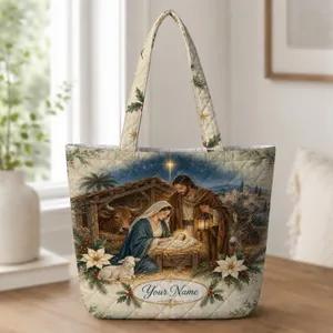Nativity Scene With Mary, Joseph and Baby Jesus for a Christian Christmas Gift Quilted Tote Bag