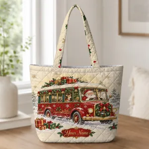 Christmas Santa Bus Holiday Travel Keepsake for Women, Moms, Kids and Festive Getaways Quilted Tote Bag