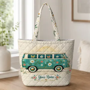 Turquoise Vintage Camper With Wildflowers for Boho Road Trips and Travel Gifts Quilted Tote Bag