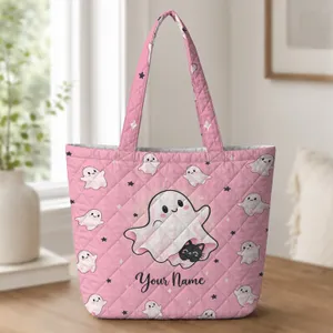 Kawaii Cat Ghosts with Pink Halloween Charm for Spooky Season Gift Giving Quilted Tote Bag