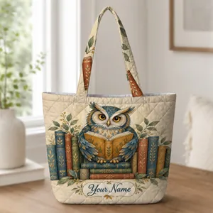 Wise Owl Reading Among Vintage Books for Library Lovers and Cozy Autumn Reading Days Quilted Tote Bag