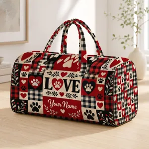 Red Plaid Hearts and Paw Prints for Dog Lovers on Cozy Weekend Getaways and Travel Quilted Weekend Bag