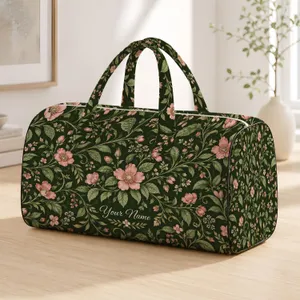 Pink Wildflower Vines on Deep Olive for Garden Getaways and Relaxed Vacation Style Quilted Weekend Bag