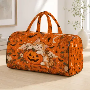 Playful Halloween Cat and Pumpkin for Cozy Autumn Getaways and Seasonal Gifting for Friends Quilted Weekend Bag