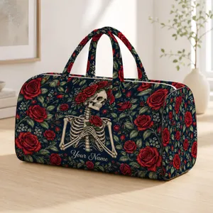 Ivory Skeleton and Crimson Roses for Halloween Getaways and Autumn Weekend Adventures Quilted Weekend Bag