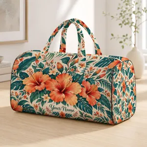 Coral Hibiscus Flowers Deep Teal Tropical Leaves Warm Ivory Botanical Ground Coral Hibiscus Quilted Weekend Bag