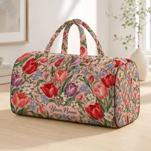 Red Tulip And Forget-Me-Not Florals For Spring Getaways And Garden Weekends Quilted Weekend Bag