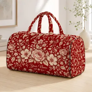 Ivory Wildflowers on Deep Red for Weekend Getaways, Holiday Escapes and Everyday Travel Quilted Weekend Bag