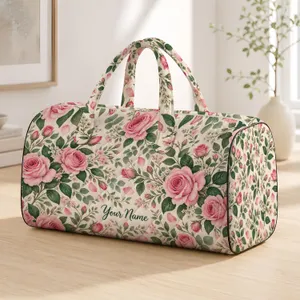 Pink Rose and Green Leaf Florals for Coastal Getaways and Relaxed Weekend Travel Quilted Weekend Bag