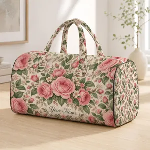 Romantic Pink Rose and Sage Botanicals for Garden Getaways and Weekend Travel Escapes Quilted Weekend Bag