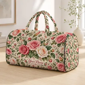 Pink and Ivory Rose Garden for Beach Holidays, Yoga Days and Weekend Travel Quilted Weekend Bag