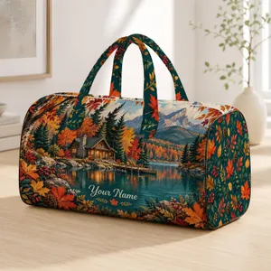Autumn Woodland Cabin by a Quiet Lake for Cozy Fall Getaways and Nature Lovers and Campers Quilted Weekend Bag