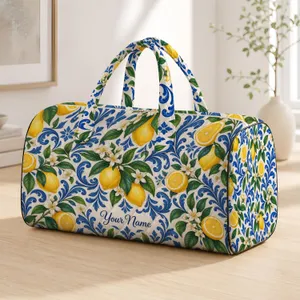 Lemon And Blue Acanthus Motifs For Sunny Gym, Beach And Travel Days, Unisex Style Quilted Weekend Bag