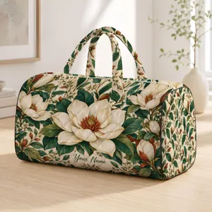 Cream Magnolia Blooms and Teal Leaves for Yoga, Beach Days and Weekend Getaways Quilted Weekend Bag