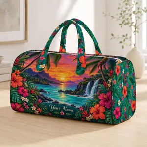 Tropical Island Sunset With Palms and Hibiscus for Colorful Weekend Getaways Quilted Weekend Bag