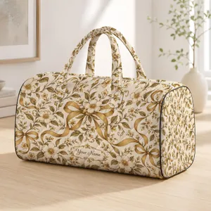 Ivory Floral Bows and Vines for Beach Days, Yoga, and Relaxed Weekend Getaways Charm Quilted Weekend Bag