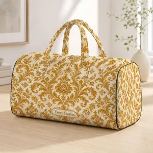Ivory And Gold Damask Flourishes For Elegant Travel And Refined Weekend Getaways Quilted Weekend Bag