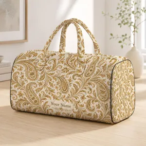 Ivory and Gold Paisley Scrolls for Elegant Weekend Travel, Vacations and Getaways Quilted Weekend Bag
