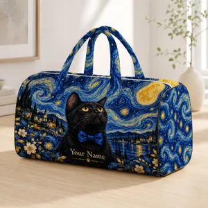 Black Cat Beneath a Cobalt Starry Sky for Cozy Weekend Escapes and Cat Lovers Everywhere Quilted Weekend Bag