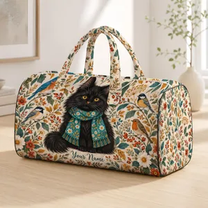 Black Cat and Songbirds for Cozy Weekend Getaways and Nature-Loving Travelers Quilted Weekend Bag