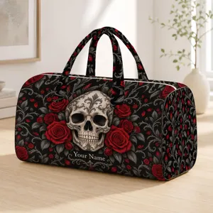 Gothic Skull And Crimson Roses For Edgy Travel, Fitness, And Weekend Getaway Style Quilted Weekend Bag