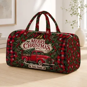 Red Vintage Christmas Truck and Evergreen Wreath for Cozy Country Holiday Celebrations Quilted Weekend Bag
