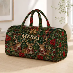 Rustic Reindeer, Bells and Evergreen Cheer for Festive Christmas and Winter Getaways Quilted Weekend Bag