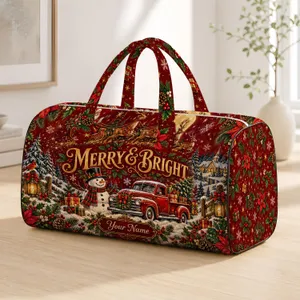Vintage Santa Sleigh, Snowman and Red Truck Holiday Cheer for Christmas Getaways Quilted Weekend Bag