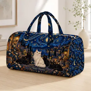 Midnight Cat Cityscape with Golden Stars for Cozy Weekend Travel and Dark Academia Fans Quilted Weekend Bag