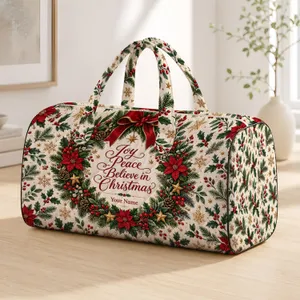 Christmas Holly Wreath With Joy And Peace For Festive Winter Getaways And Holiday Travel Quilted Weekend Bag